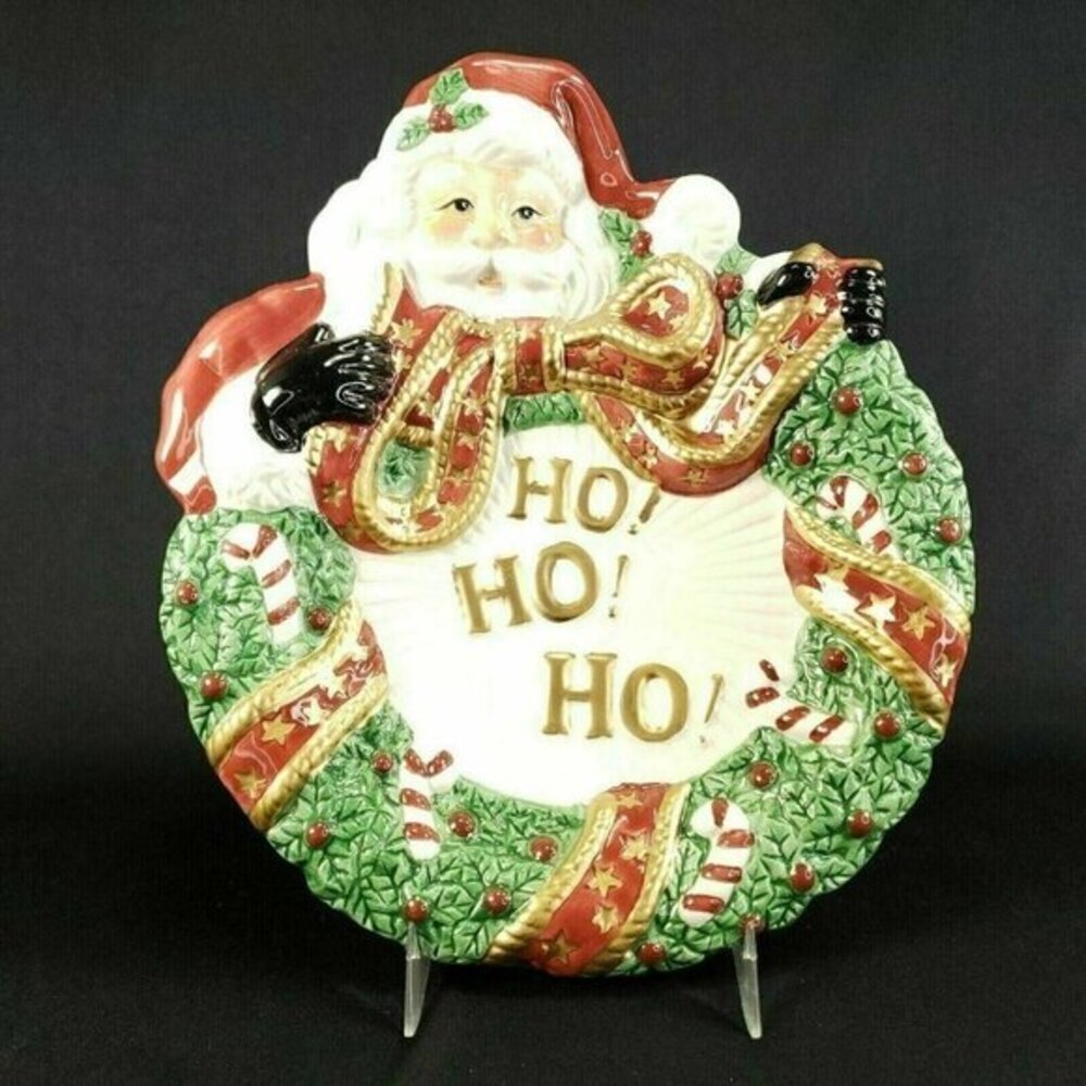 Fitz and Floyd Santa‎ Wreath Ho Ho Ho Canape Cookie Plate Christmas With Box